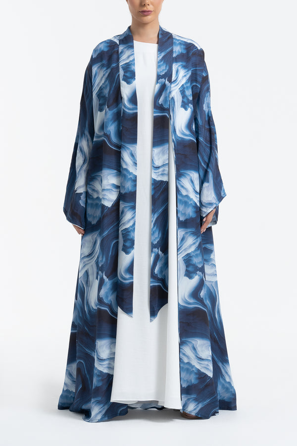 Printed Cupro Abaya - Navy