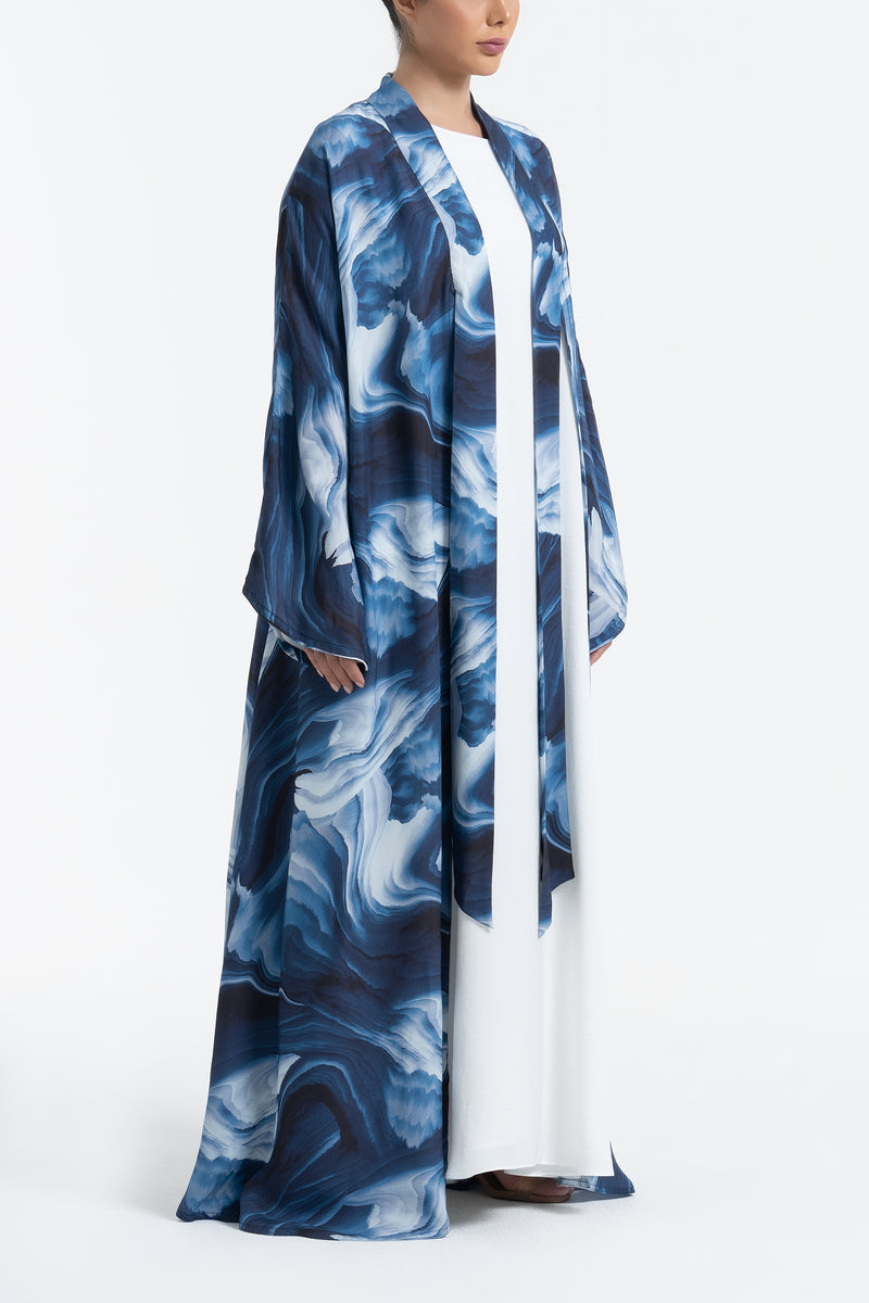 Printed Cupro Abaya - Navy