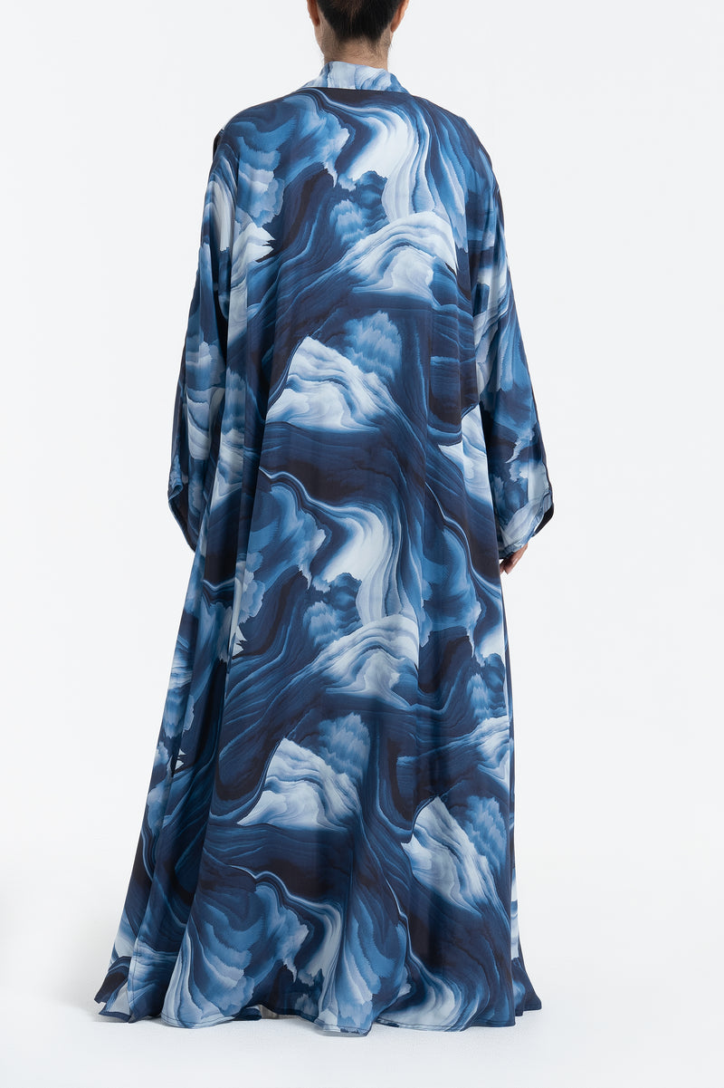 Printed Cupro Abaya - Navy