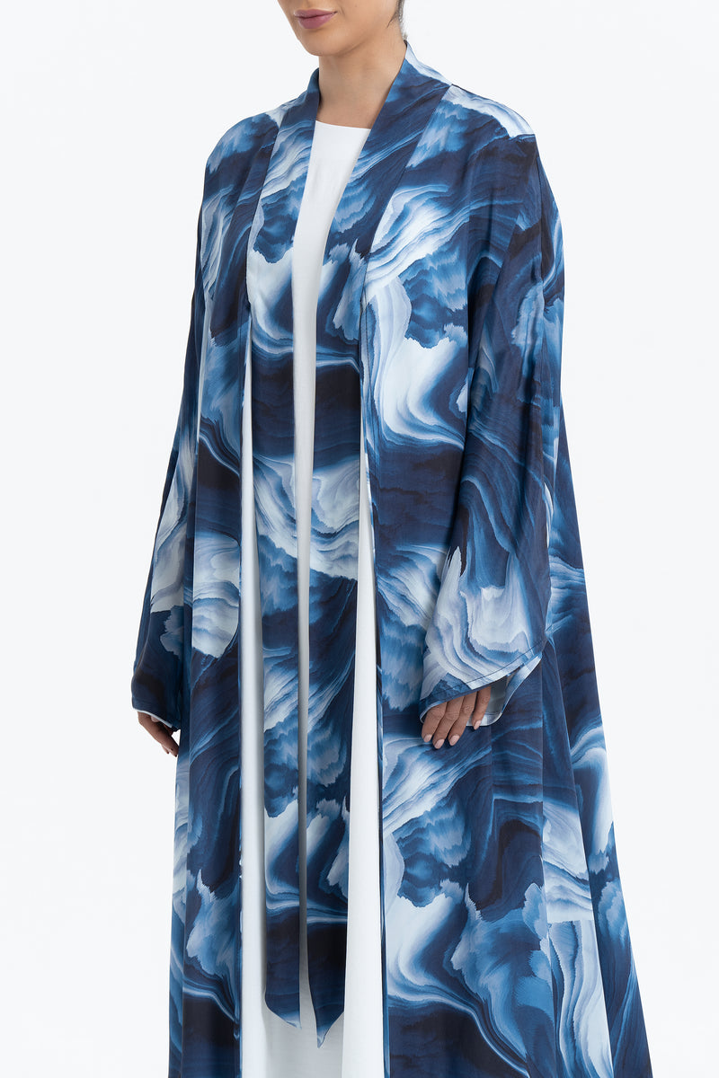 Printed Cupro Abaya - Navy