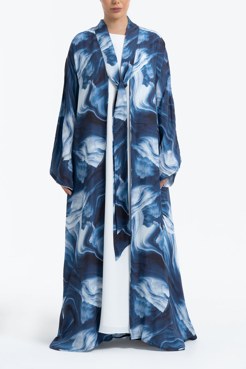 Printed Cupro Abaya - Navy