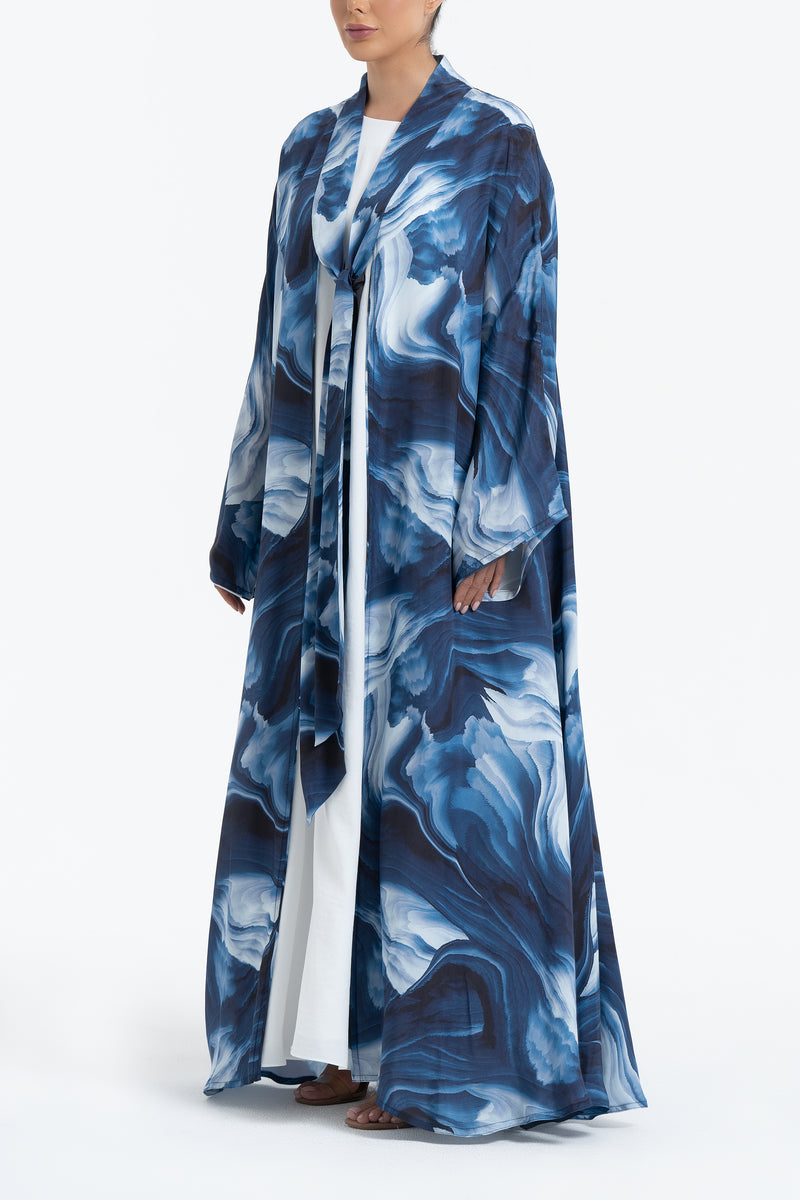 Printed Cupro Abaya - Navy