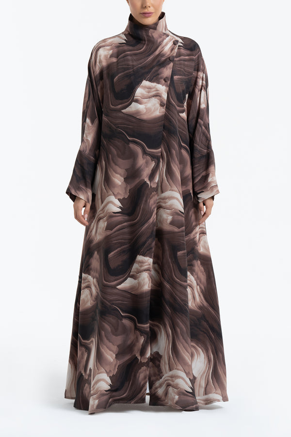 Printed Cupro Abaya - Brown