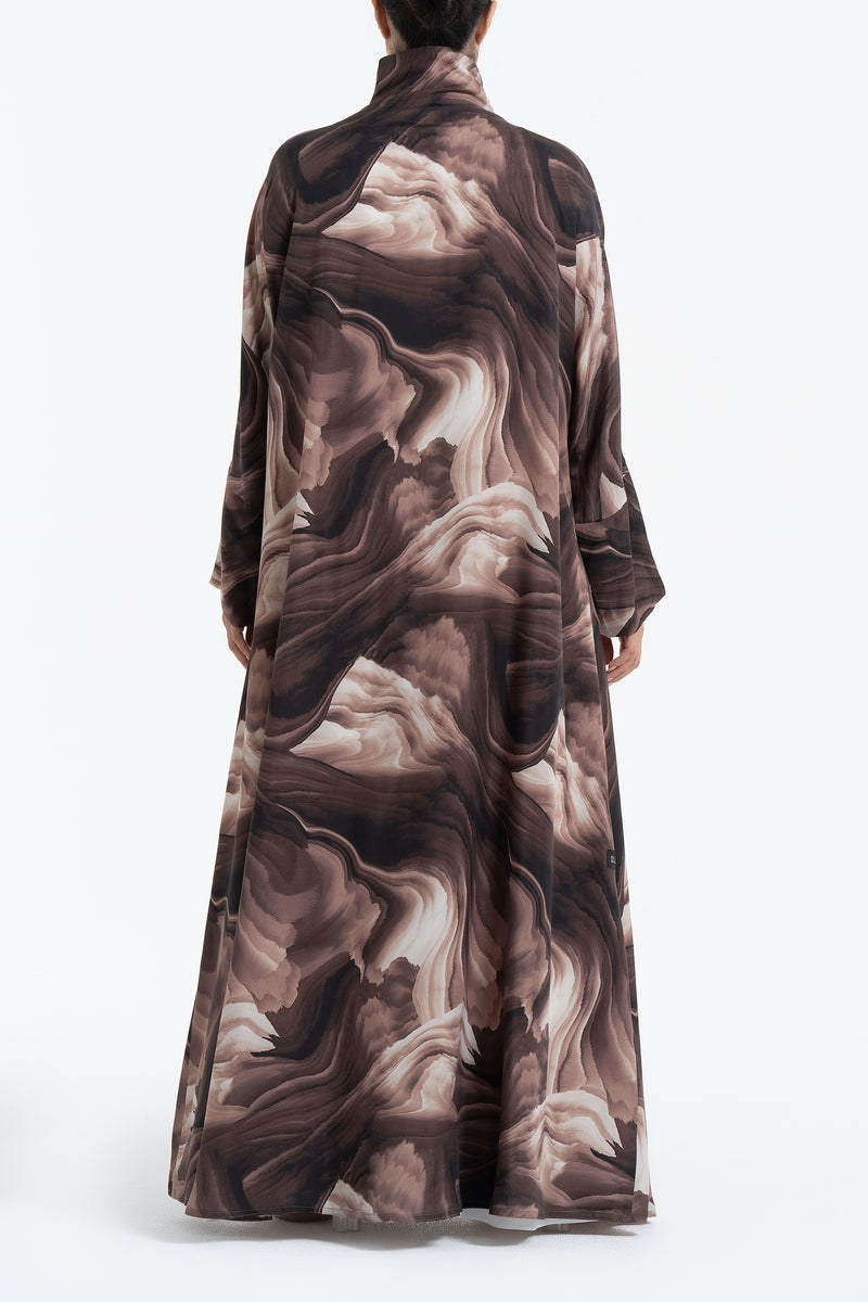 Printed Cupro Abaya - Brown