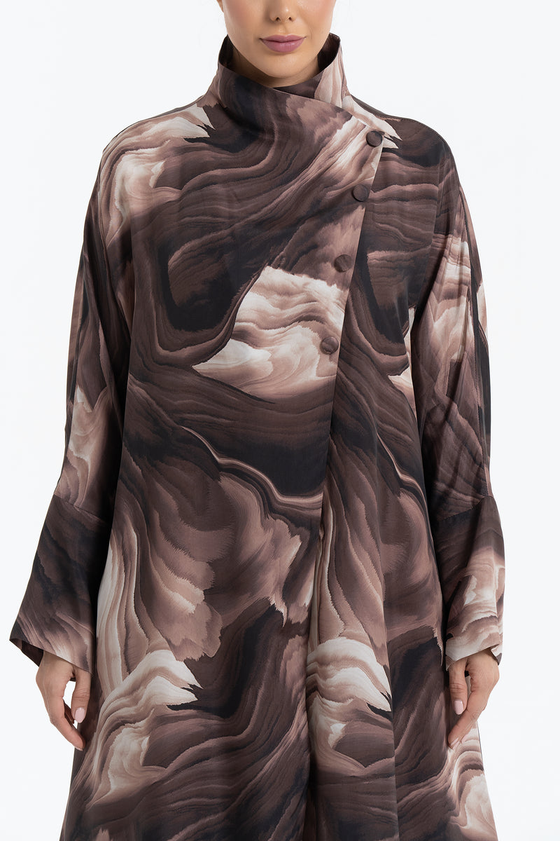 Printed Cupro Abaya - Brown