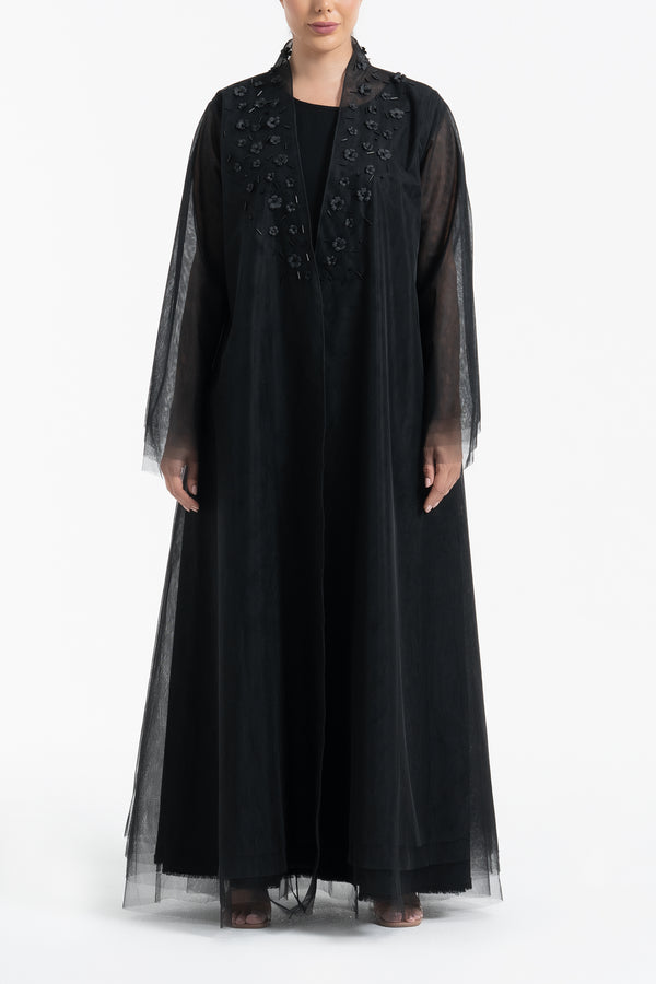 Layered Tulle Abaya with Flower Embroidery