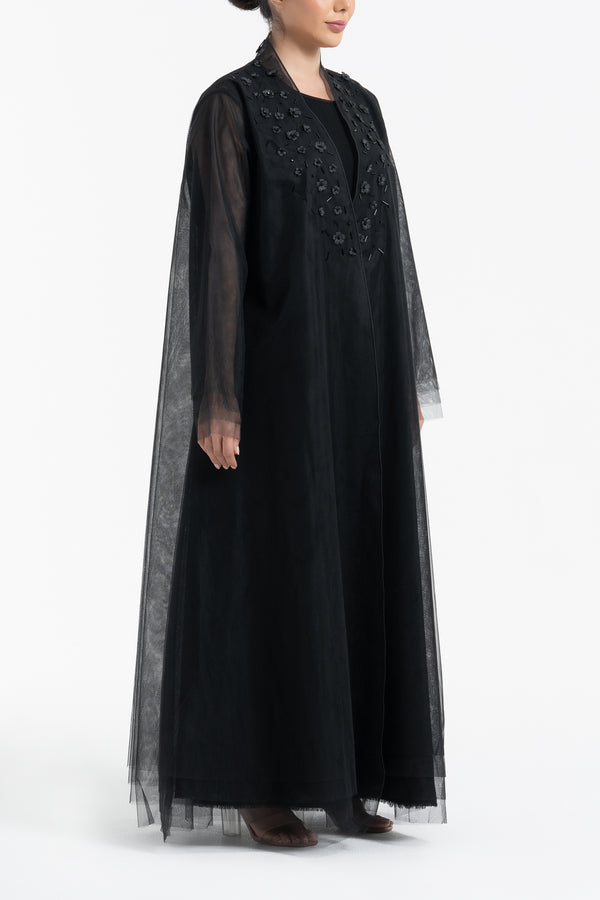 Layered Tulle Abaya with Flower Embroidery