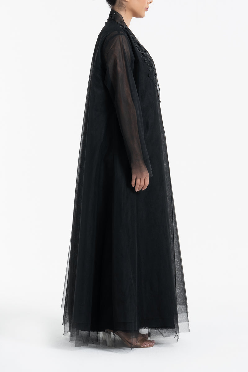 Layered Tulle Abaya with Flower Embroidery