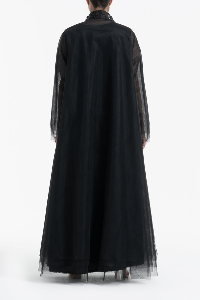 Layered Tulle Abaya with Flower Embroidery