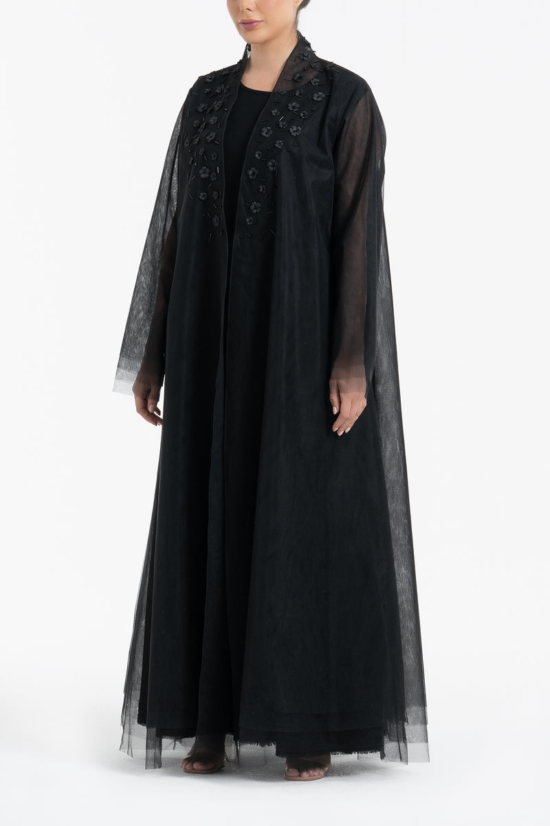 Layered Tulle Abaya with Flower Embroidery