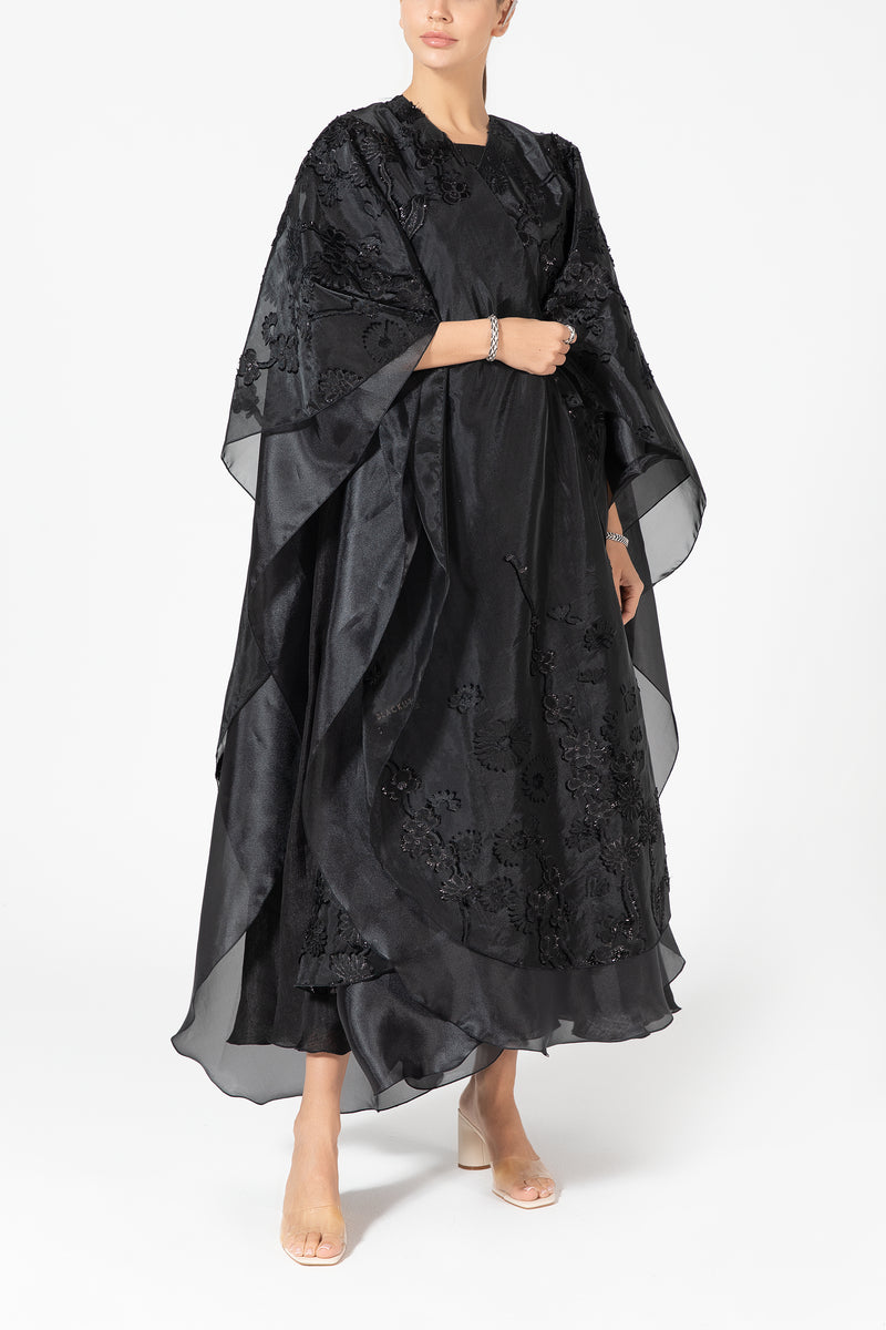 Layered Organza Abaya with Flowers