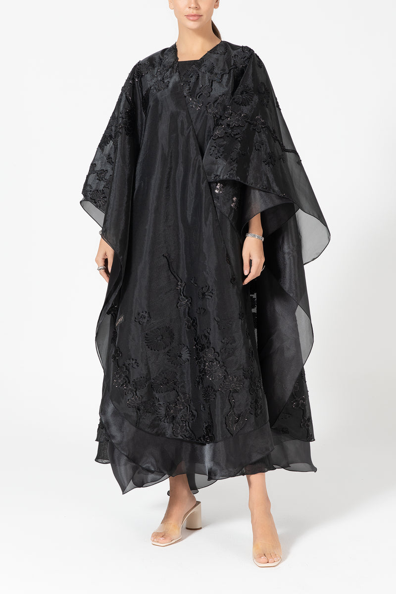 Layered Organza Abaya with Flowers