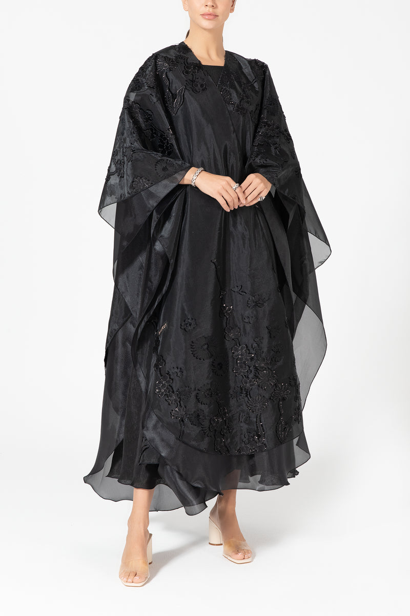 Layered Organza Abaya with Flowers