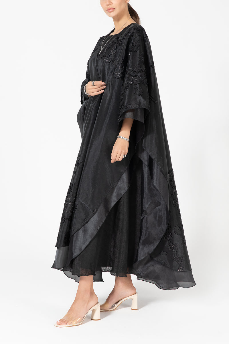 Layered Organza Abaya with Flowers