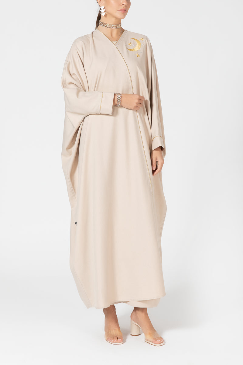 Oversized Twill Abaya with Moon Embroidery - Beige