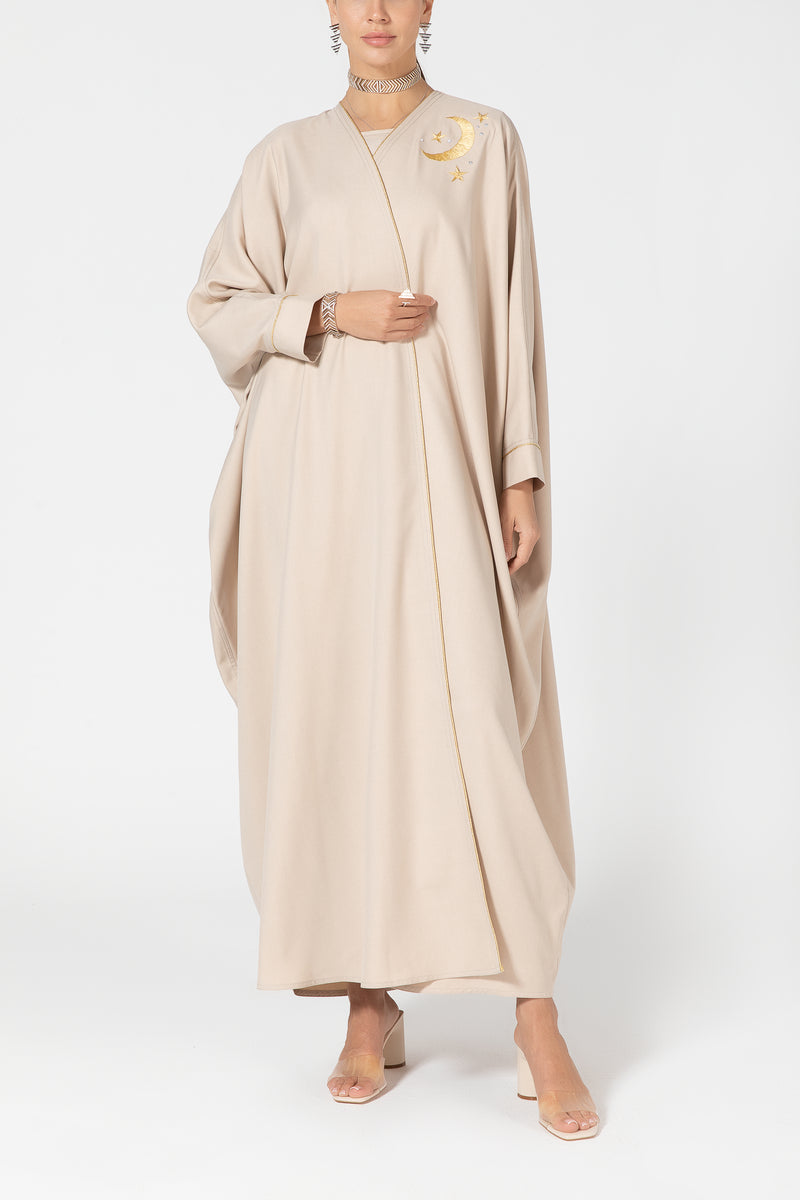 Oversized Twill Abaya with Moon Embroidery - Beige