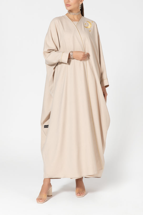 Oversized Twill Abaya with Moon Embroidery - Beige