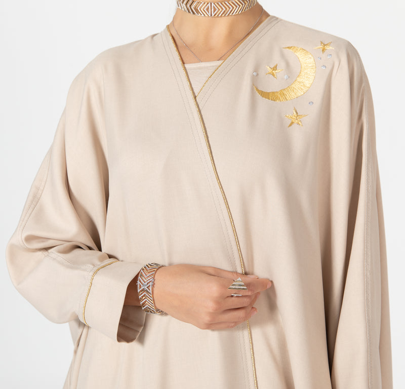 Oversized Twill Abaya with Moon Embroidery - Beige