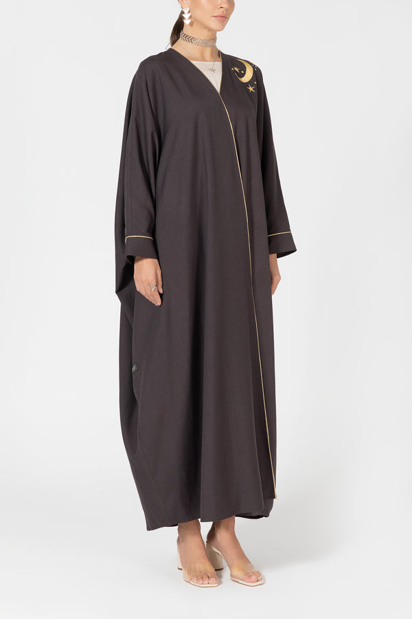 Oversized Twill Abaya with Moon Embroidery - Brown