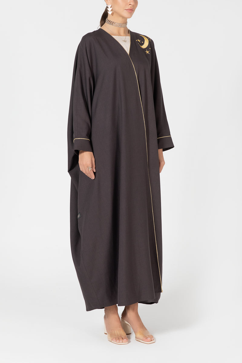 Oversized Twill Abaya with Moon Embroidery - Brown