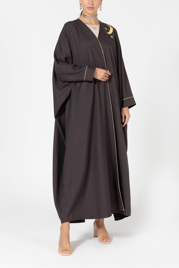 Oversized Twill Abaya with Moon Embroidery - Brown