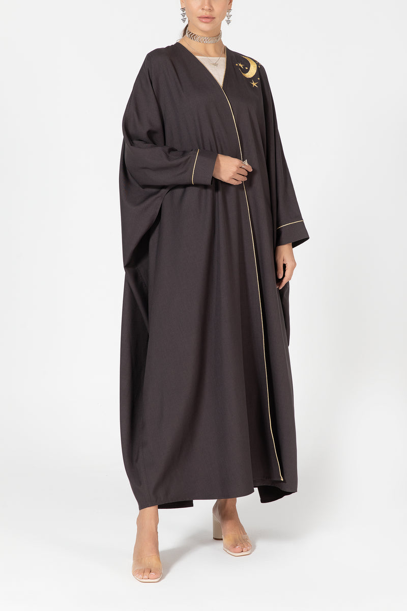 Oversized Twill Abaya with Moon Embroidery - Brown