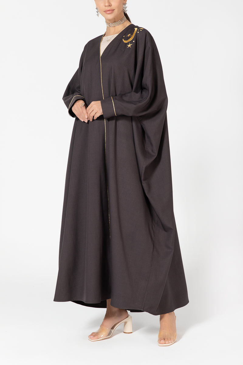 Oversized Twill Abaya with Moon Embroidery - Brown