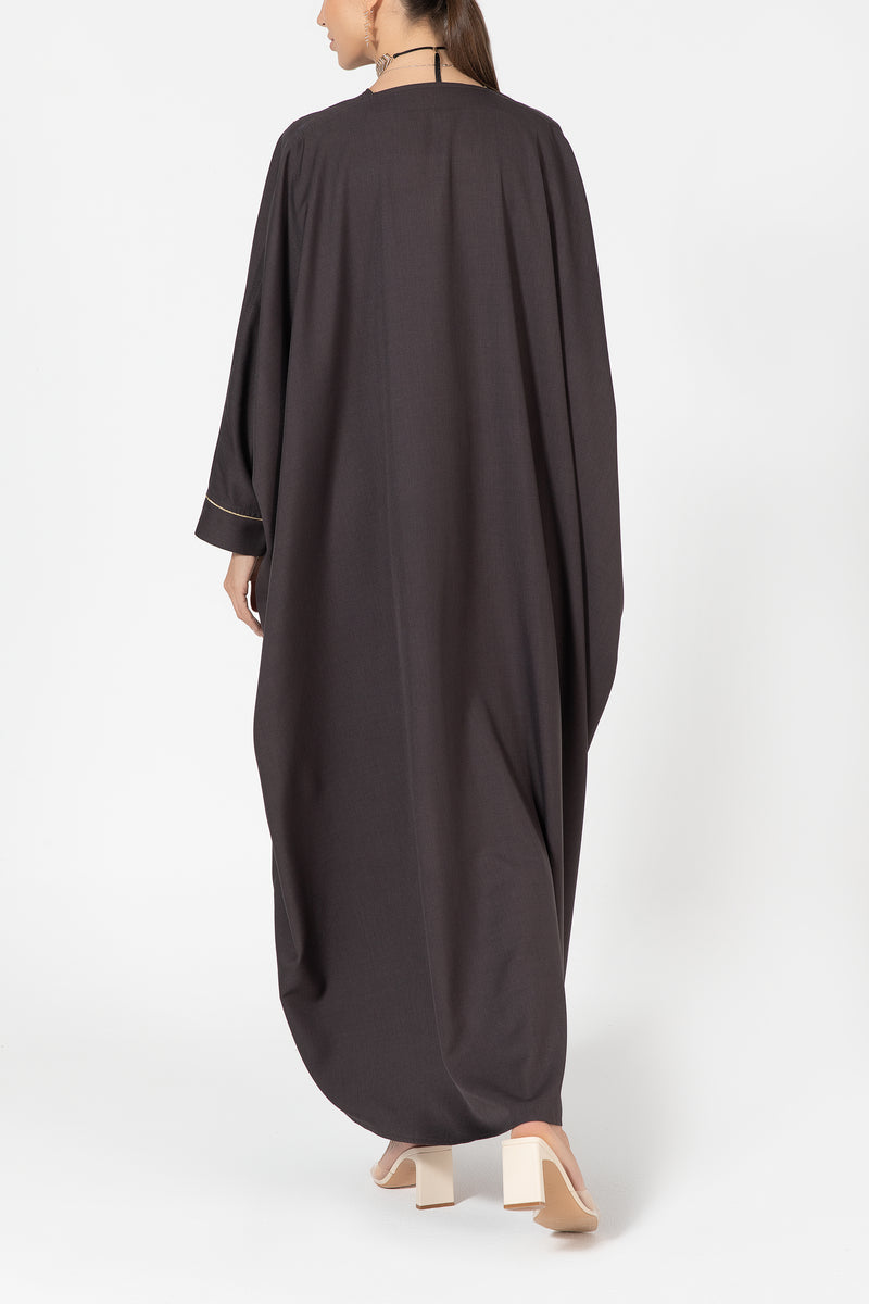 Oversized Twill Abaya with Moon Embroidery - Brown