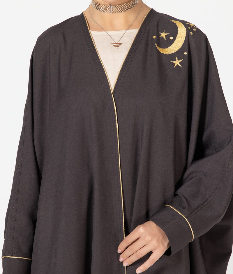 Oversized Twill Abaya with Moon Embroidery - Brown