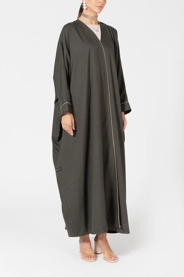 Oversized Twill Abaya with Gold Piping - Green