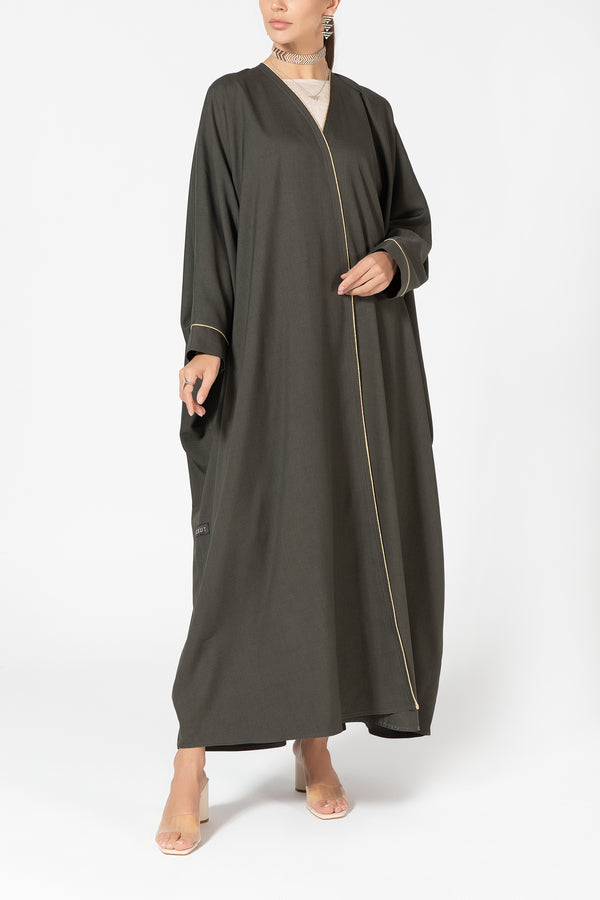 Oversized Twill Abaya with Gold Piping - Green