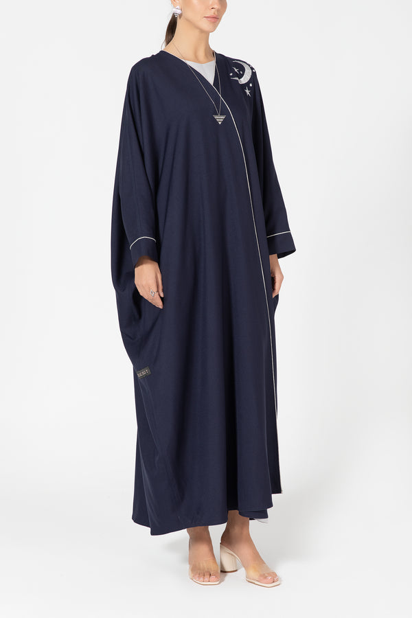 Oversized Twill Abaya with Moon Embroidery - Navy