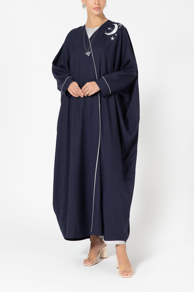 Oversized Twill Abaya with Moon Embroidery - Navy