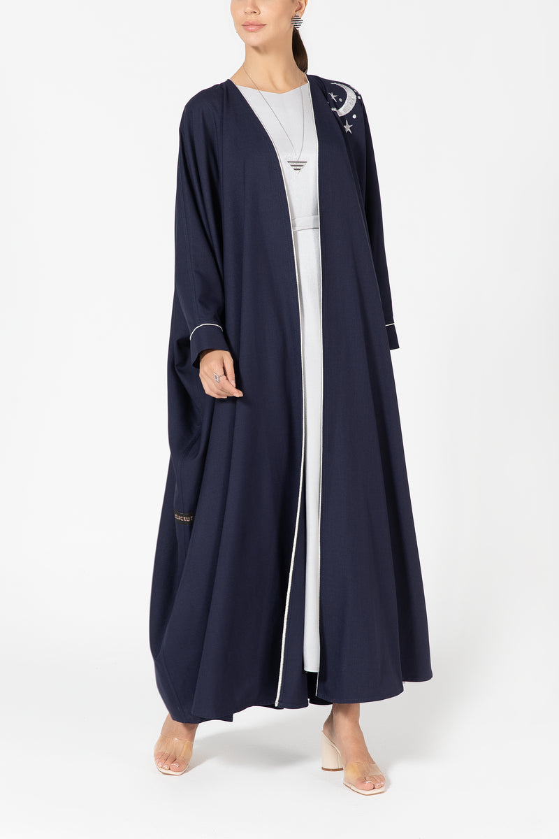 Oversized Twill Abaya with Moon Embroidery - Navy