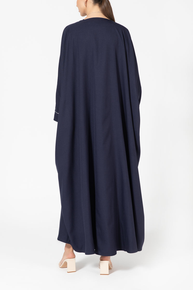 Oversized Twill Abaya with Moon Embroidery - Navy