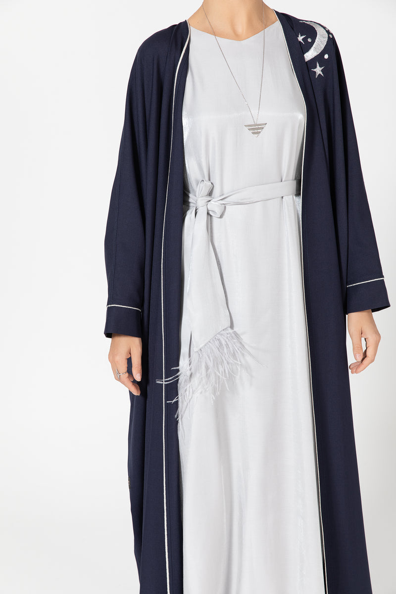 Oversized Twill Abaya with Moon Embroidery - Navy