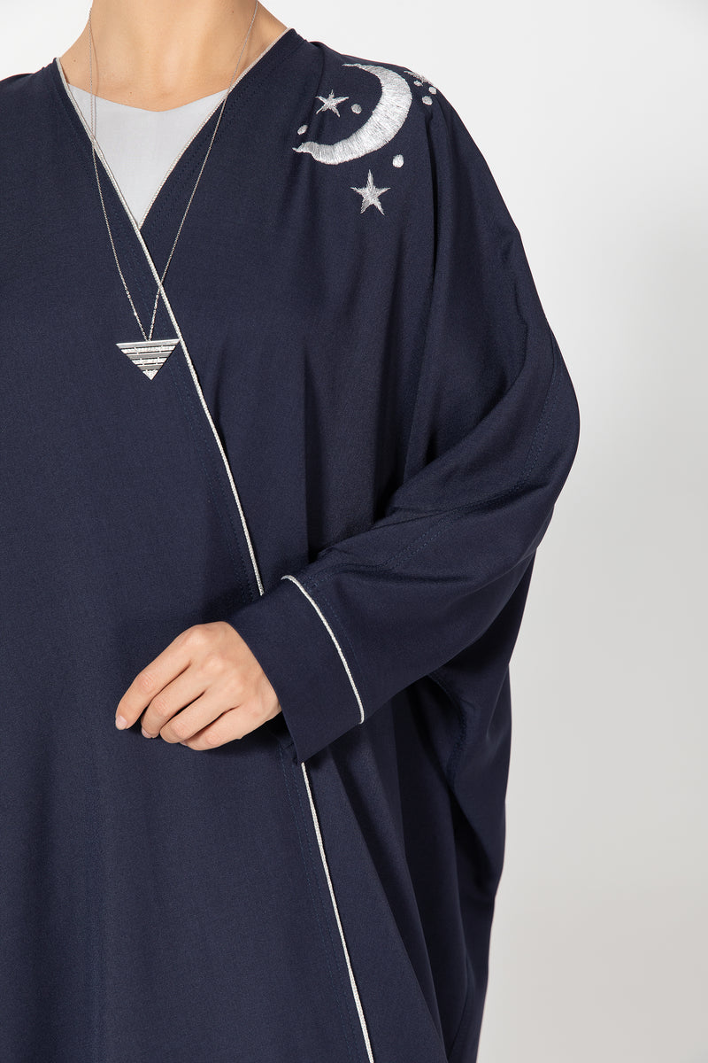 Oversized Twill Abaya with Moon Embroidery - Navy