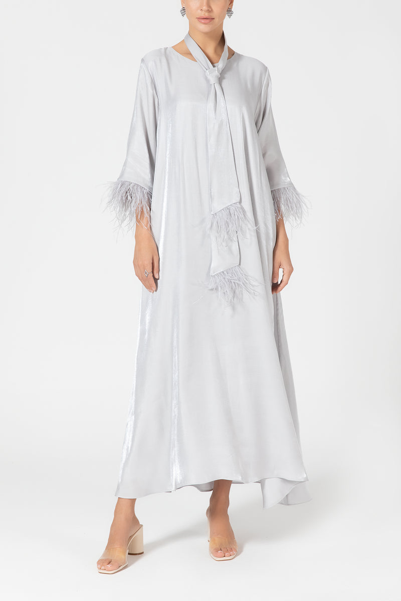 Silky Organza Dress with Feathers - Silver