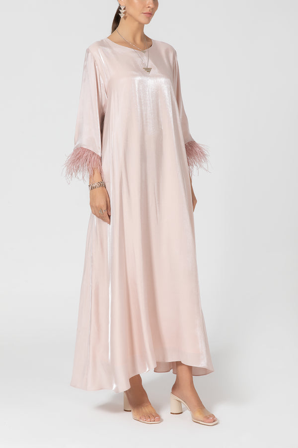 Silky Organza Dress with Feathers - Baby Pink