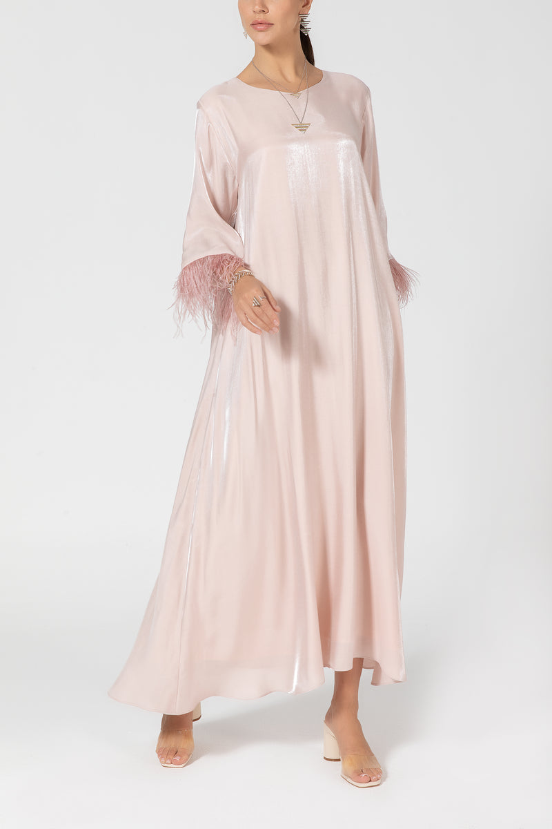 Silky Organza Dress with Feathers - Baby Pink