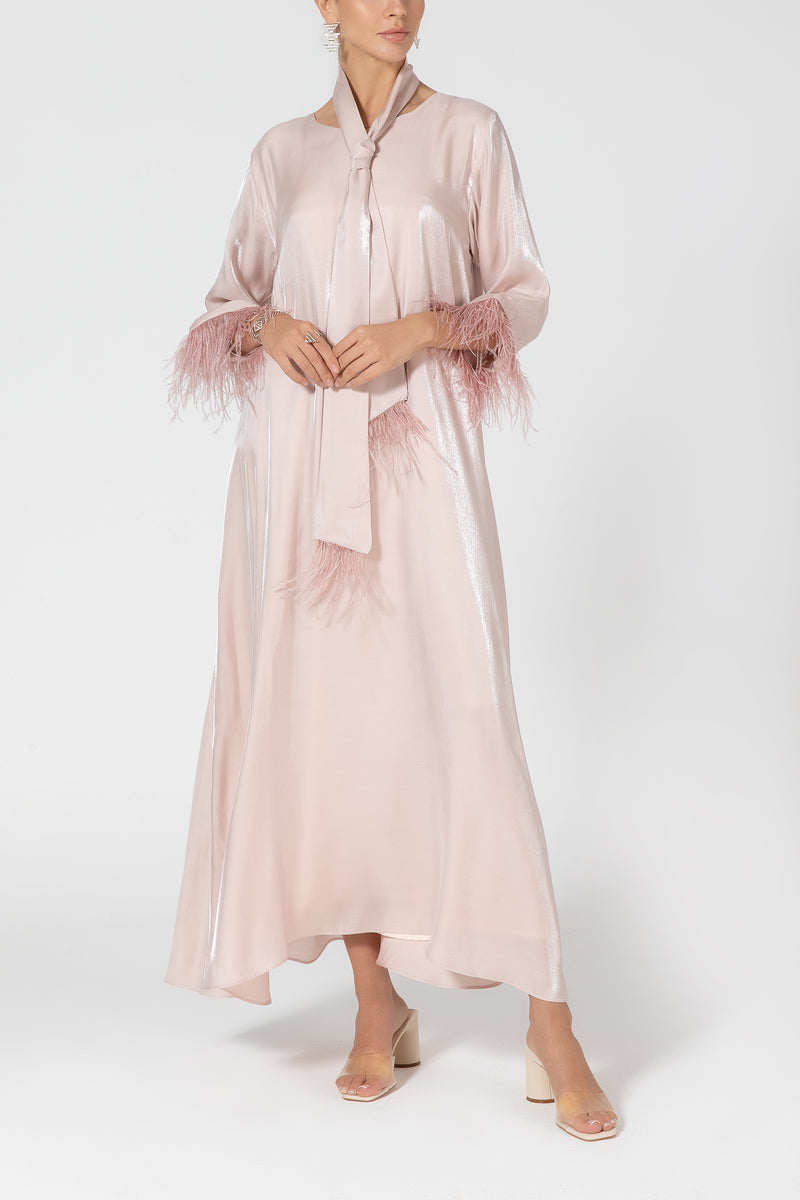 Silky Organza Dress with Feathers - Baby Pink