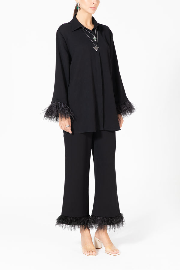 Pants and Shirt Set with Feathers - Black