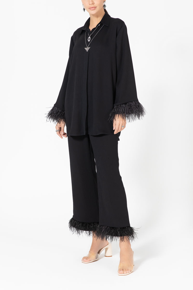 Pants and Shirt Set with Feathers - Black