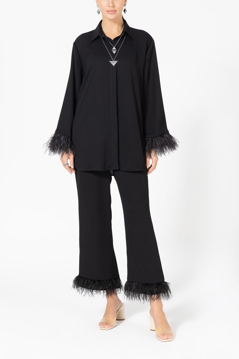 Pants and Shirt Set with Feathers - Black