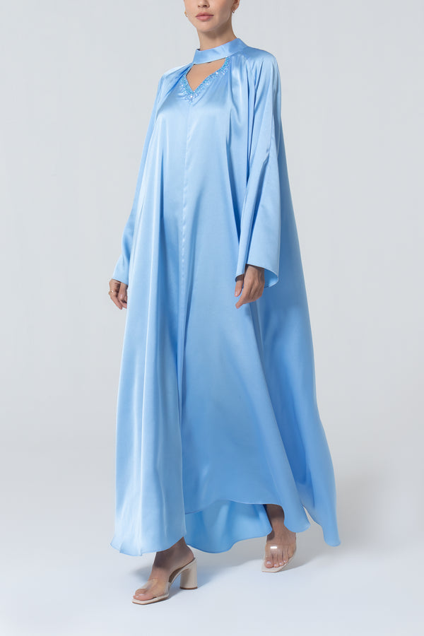 Satin Dress with Embroidery - Blue