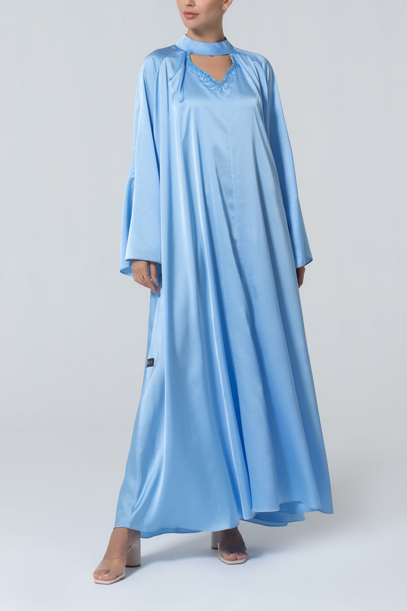 Satin Dress with Embroidery - Blue