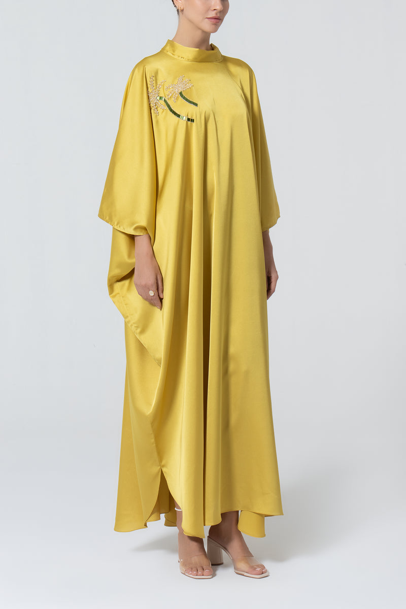 Satin Kaftan with Embroidery - Mustard