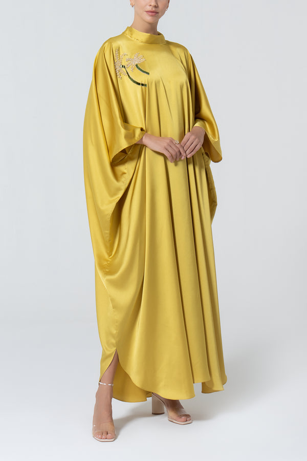 Satin Kaftan with Embroidery - Mustard