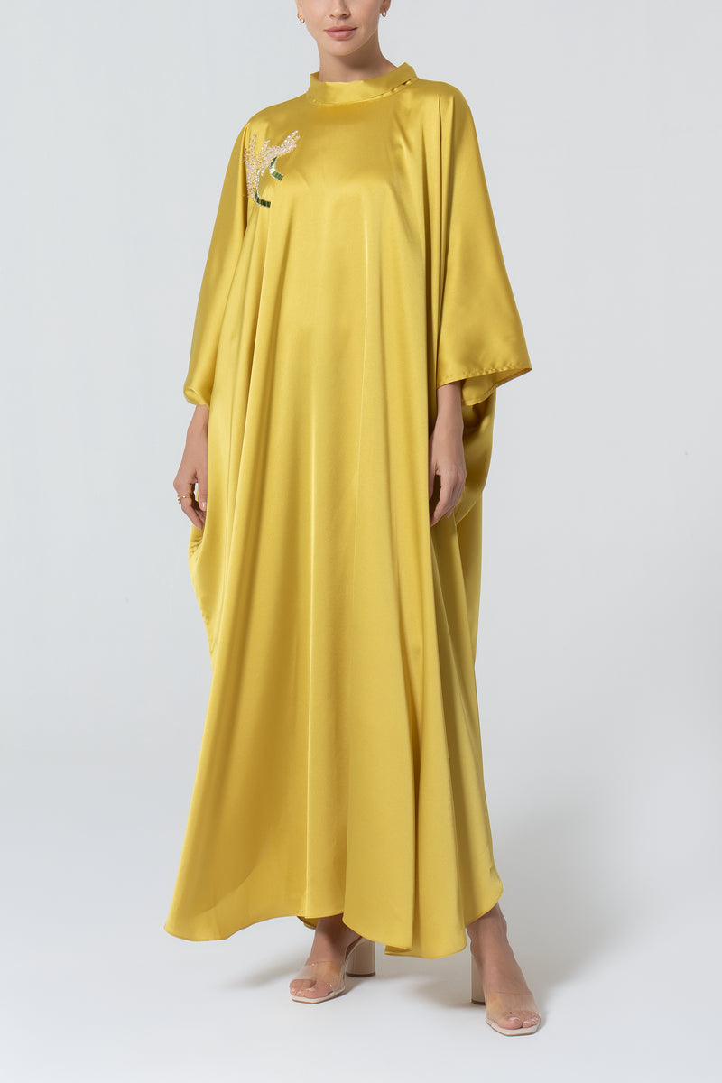 Satin Kaftan with Embroidery - Mustard