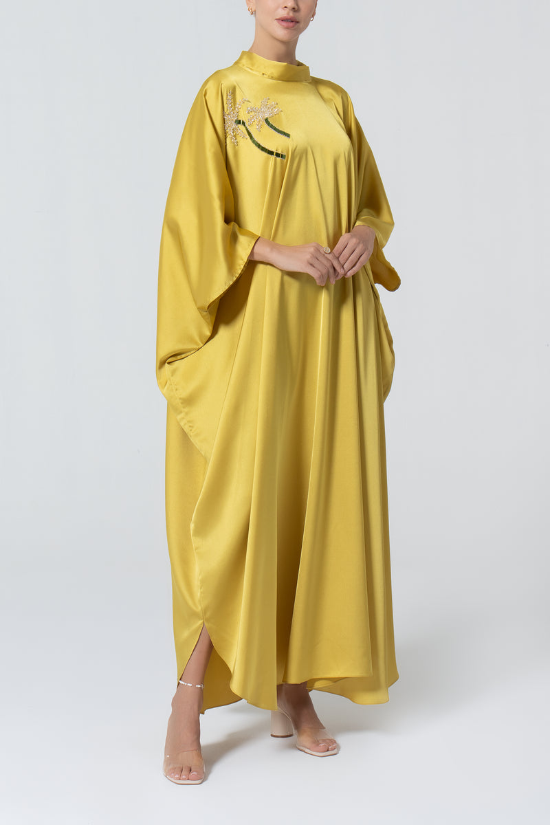 Satin Kaftan with Embroidery - Mustard